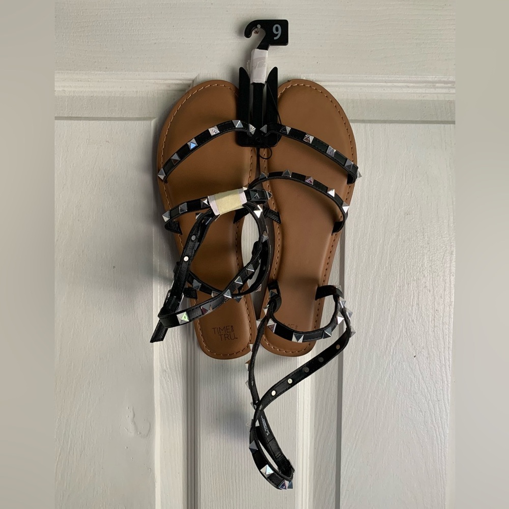 Time & Tru Black Studded Wrap Sandals